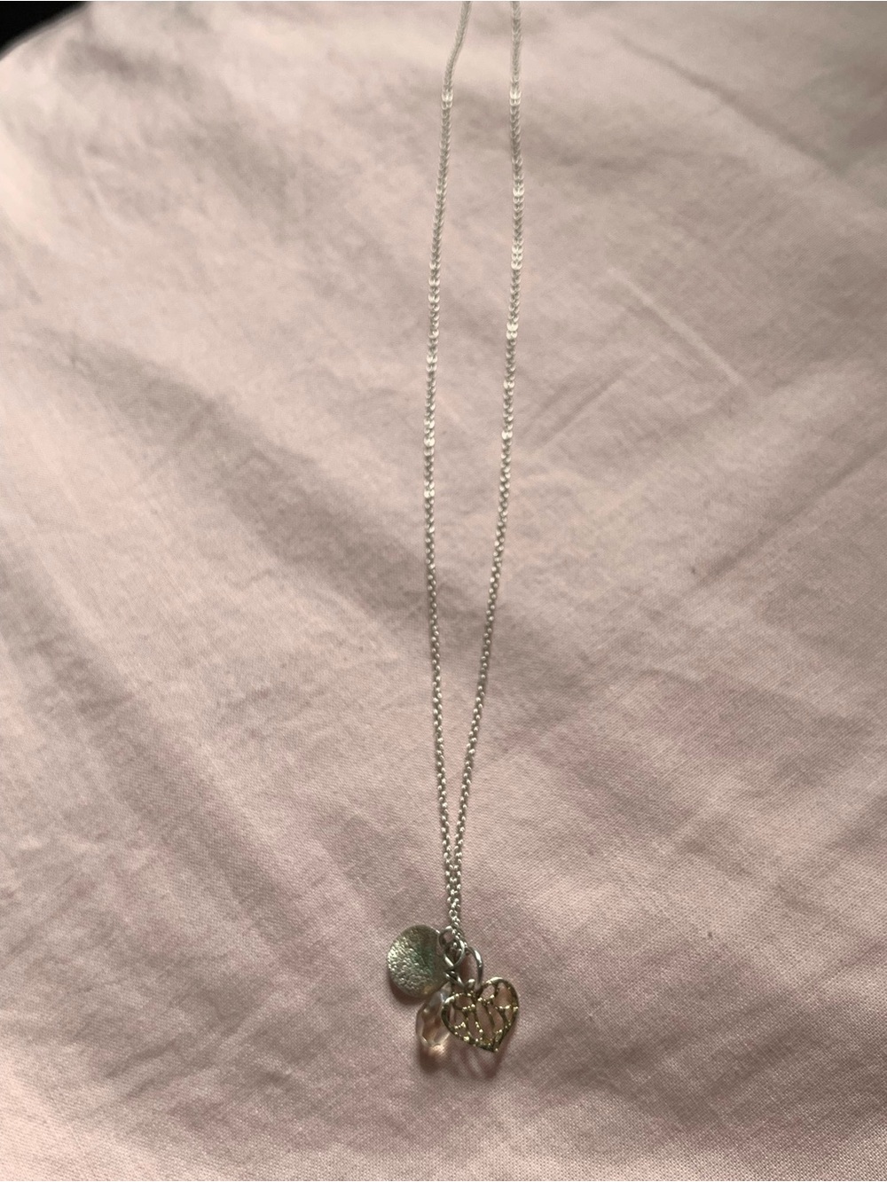 Silver Heart Charm Necklace with Disc and Crystal Accent